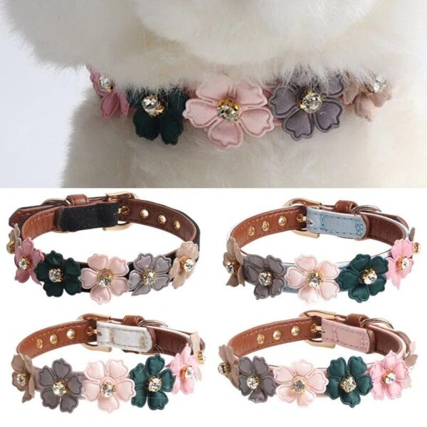 Adjustable Diamond Flower Leather Dog Collar - Image 3