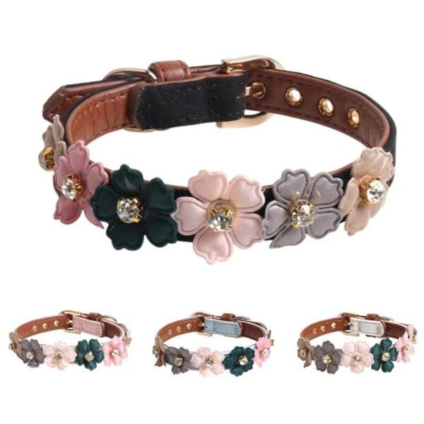 Adjustable Diamond Flower Leather Dog Collar - Image 2