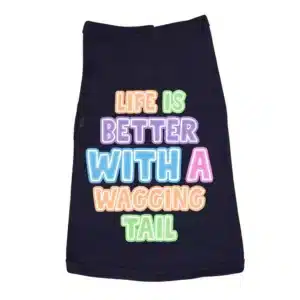 a black shirt with coloful words on it